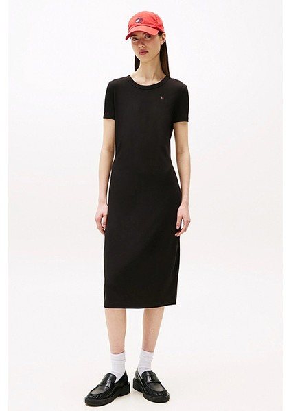 Kadın Fitilli Vücudu Saran Slim Fit Midi Elbise - Siyah