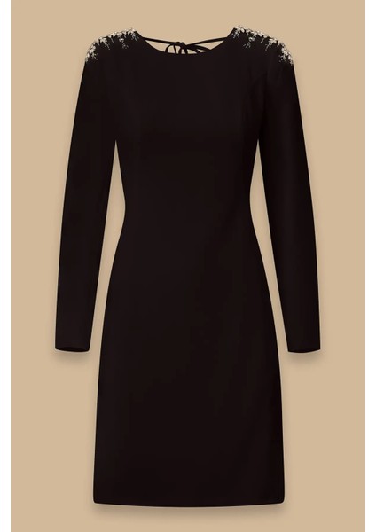 Kadın Uzun Kollu Sırt Dekolteli Diz Üstü Elbise - Siyah