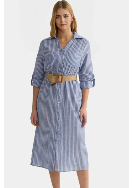 Midi Dokuma Gömlek Elbise Pamuk Kemerli Günlük Casual Seçkin Malzeme Kaliteli Işçilik