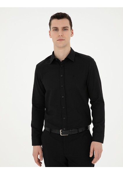 Siyah Slim Fit Armürlü Uzun Kollu Gömlek
