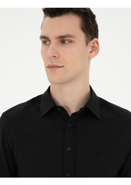 Siyah Slim Fit Armürlü Uzun Kollu Gömlek
