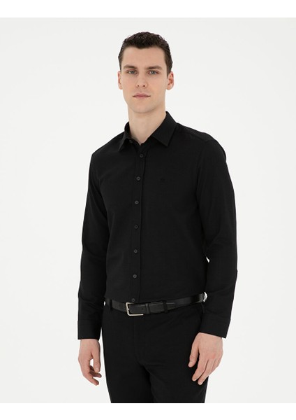 Siyah Slim Fit Armürlü Uzun Kollu Gömlek
