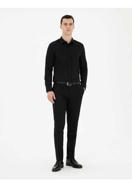 Siyah Slim Fit Armürlü Uzun Kollu Gömlek