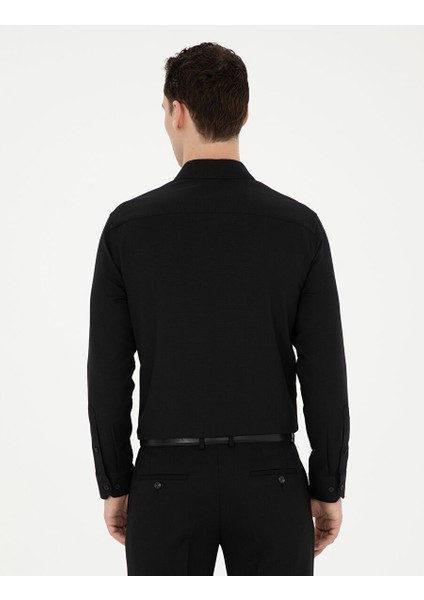 Siyah Slim Fit Armürlü Uzun Kollu Gömlek