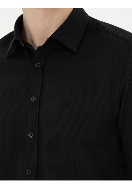 Siyah Slim Fit Armürlü Uzun Kollu Gömlek