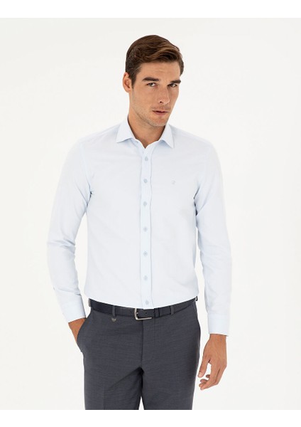 Açık Mavi Slim Fit Armürlü Uzun Kollu Gömlek