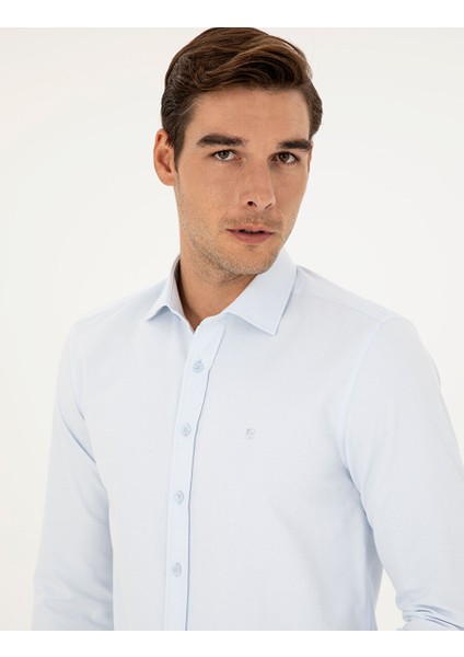 Açık Mavi Slim Fit Armürlü Uzun Kollu Gömlek