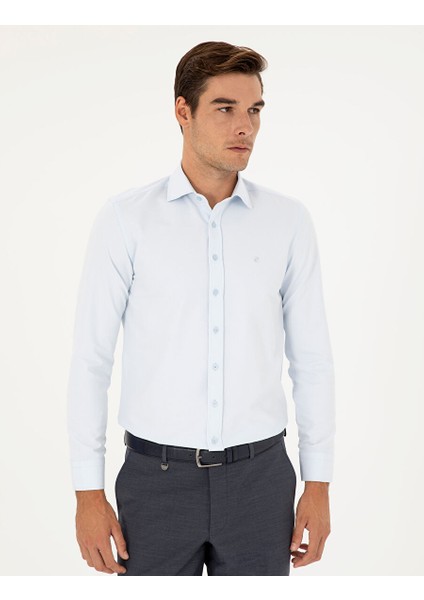 Açık Mavi Slim Fit Armürlü Uzun Kollu Gömlek
