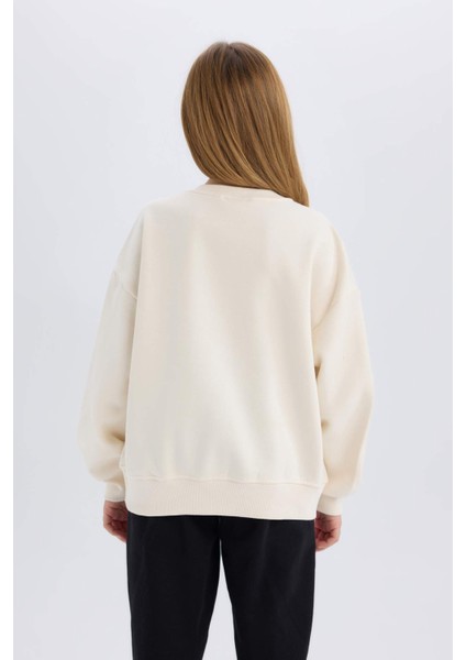 Kız Çocuk Oversize Geniş Kalıp Bisiklet Yaka Baskılı Sweatshirt D5452A824WN