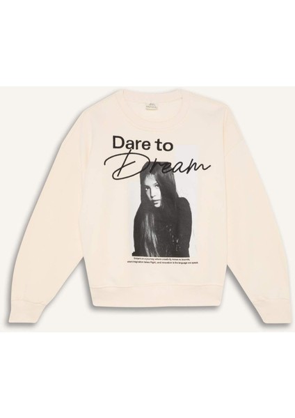 Kız Çocuk Oversize Geniş Kalıp Bisiklet Yaka Baskılı Sweatshirt D5452A824WN