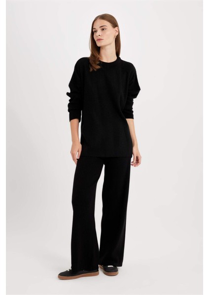 Relax Fit 2'li Takım Triko Bisiklet Yaka Kazak Geniş Paça Pantolon D5232AXNS