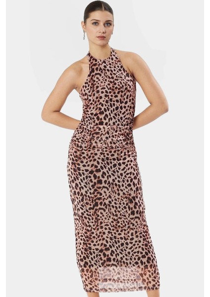 Maxi Leopar Desenli Bodycon Elbise 95% Polyester Astarlı Boyundan Bağlamalı Şık Görünüm