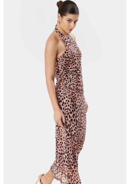 Maxi Leopar Desenli Bodycon Elbise 95% Polyester Astarlı Boyundan Bağlamalı Şık Görünüm fiyatları