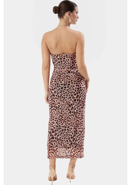 Maxi Leopar Desenli Bodycon Elbise 95% Polyester Astarlı Boyundan Bağlamalı Şık Görünüm modelleri