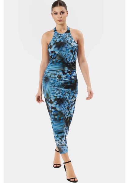 Maxi Leopar Desenli Bodycon Elbise 95% Polyester Astarlı Boyundan Bağlamalı Şık Görünüm fiyatları