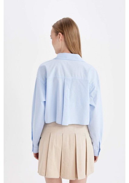 Coool Oversize Geniş Kalıp Basic Düz Cepli Oxford Uzun Kollu Crop Gömlek D4031AX24AU