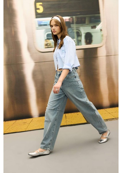 Coool Oversize Geniş Kalıp Basic Düz Cepli Oxford Uzun Kollu Crop Gömlek D4031AX24AU