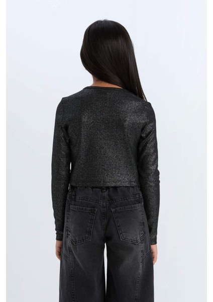 Kız Çocuk Slim Fit Dar Kesim Bisiklet Yaka Parlak Kumaş Fitilli Kaşkorse Uzun Kollu Tişört D5419A824WN
