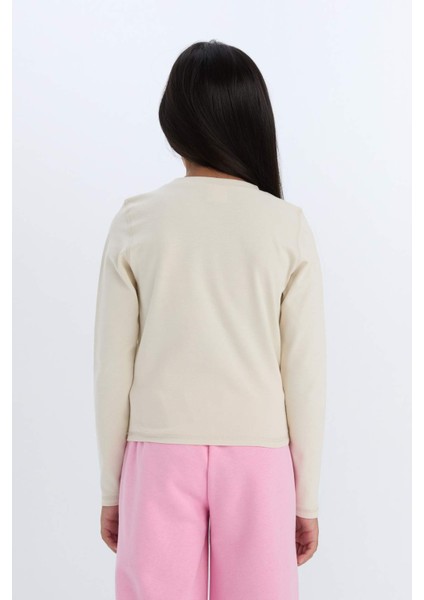 Kız Çocuk Cropped Fit Bisiklet Yaka Baskılı Fitilli Kaşkorse Uzun Kollu Tişört D3430A824WN