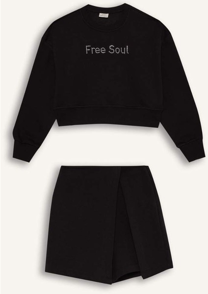 Kız Çocuk 2'li Takım Uzun Kollu Baskılı İçi Yumuşak Tüylü Sweatshirt Şort Etek D5460A824WN