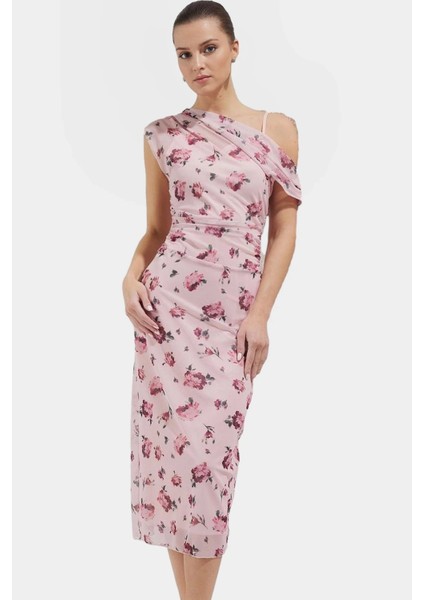 Asimetrik Yaka Çiçekli Desenli Midi Tül Elbise Polyester Elastan Kaliteli Işçilik Özel Tasarım