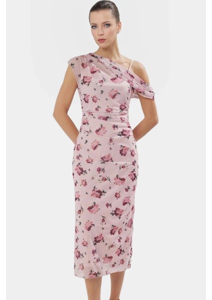 Asimetrik Yaka Çiçekli Desenli Midi Tül Elbise Polyester Elastan Kaliteli Işçilik Özel Tasarım fiyatları