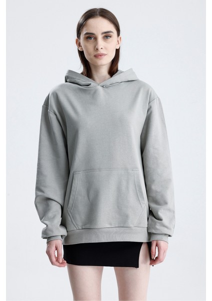 Gri Relaxed Fit Unisex Hoodie %100 Pamuk Kapüşonlu Kanguru Cepli Düz Renk