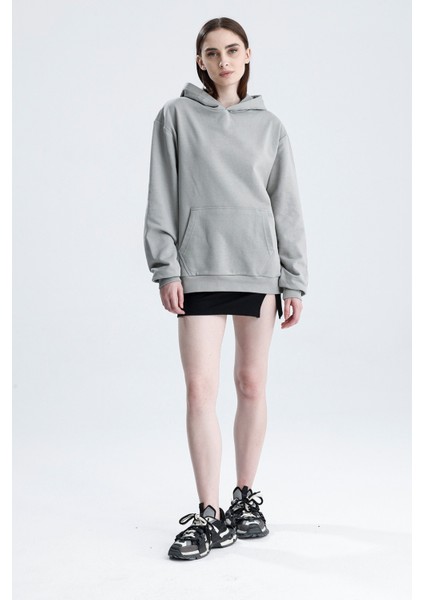Gri Relaxed Fit Unisex Hoodie %100 Pamuk Kapüşonlu Kanguru Cepli Düz Renk fırsatları