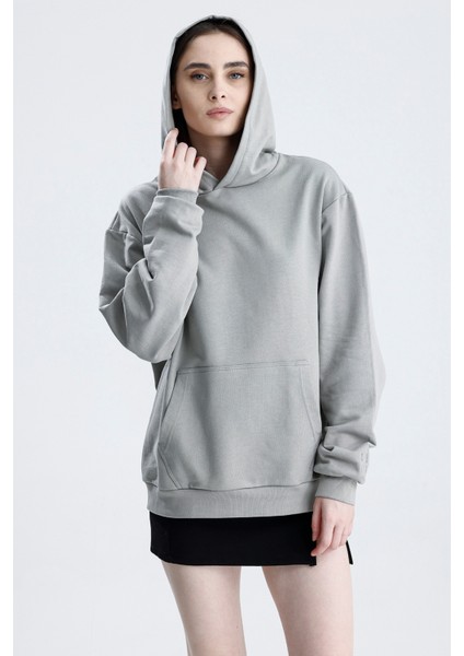 Gri Relaxed Fit Unisex Hoodie %100 Pamuk Kapüşonlu Kanguru Cepli Düz Renk