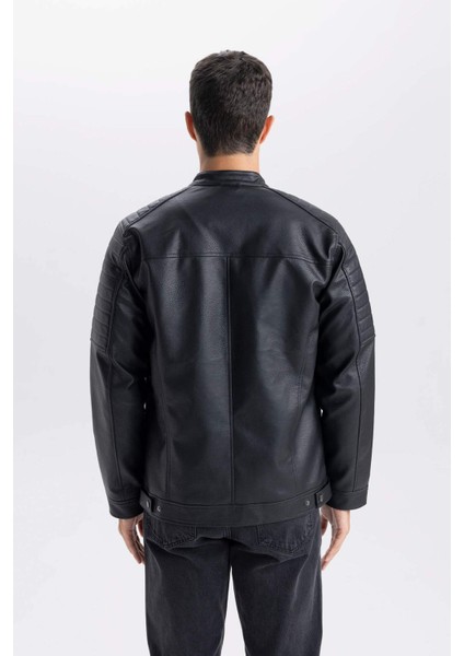 Su İtici Slim Fit Dar Kesim Dik Yaka Fermuarlı Suni Deri Mont D6241AX25SP