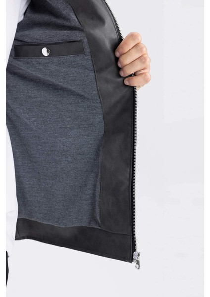 Slim Fit Suni Deri Mont Dar Kesim Kapüşonlu Fermuarlı R2523AZ25SP