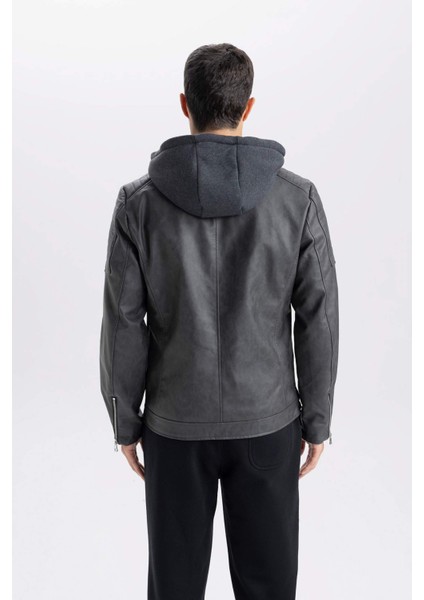 Slim Fit Suni Deri Mont Dar Kesim Kapüşonlu Fermuarlı R2523AZ25SP