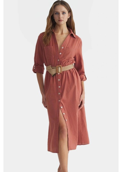 Midi Dokuma Gömlek Elbise Pamuk Kemerli Günlük Casual Seçkin Malzeme Kaliteli Işçilik