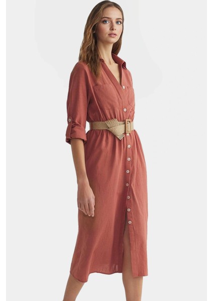 Midi Dokuma Gömlek Elbise Pamuk Kemerli Günlük Casual Seçkin Malzeme Kaliteli Işçilik fiyatları