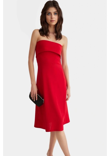 Straplez A Line Midi Örme Elbise Polyester Karışımlı Yazlık Kaliteli Işçilik Seçkin Malzeme