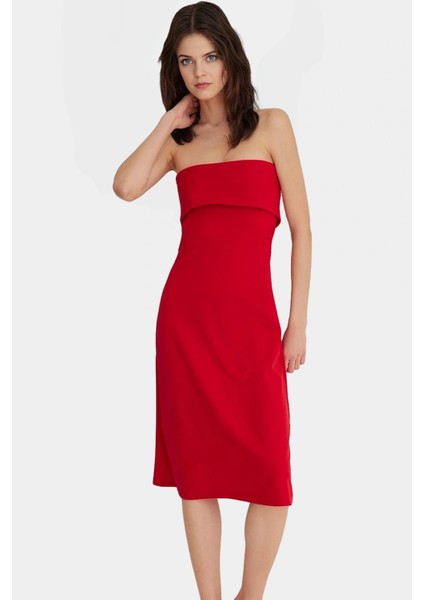 Straplez A Line Midi Örme Elbise Polyester Karışımlı Yazlık Kaliteli Işçilik Seçkin Malzeme fiyatları