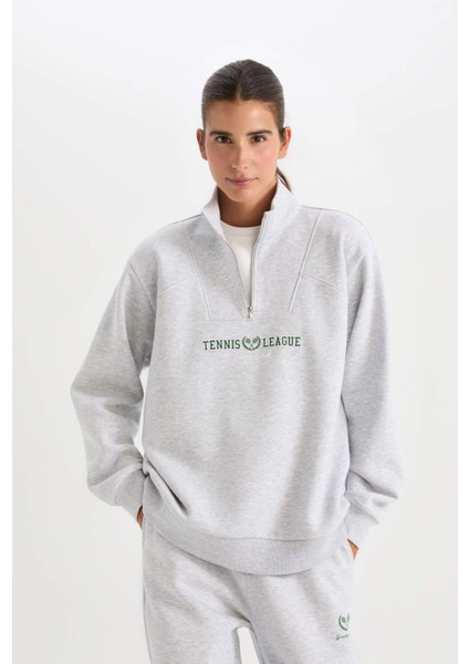 DeFactoFit Oversize Geniş Kalıp Dik Yaka Spor Baskılı Sporcu Sweatshirt D1701AX24AU