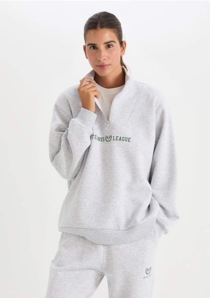 DeFactoFit Oversize Geniş Kalıp Dik Yaka Spor Baskılı Sporcu Sweatshirt D1701AX24AU