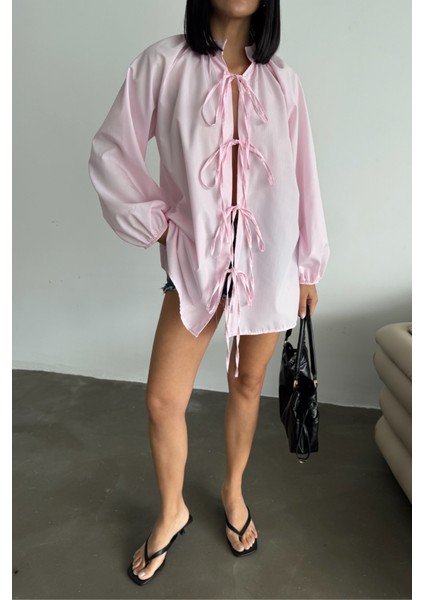 Gömlek Poplin Hakim Yaka Önden Bağlama Ip Detaylı - Pembe modelleri