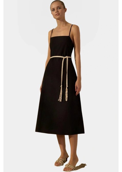 Yazlık A Line Kolsuz Pamuklu Keten Midi Elbise Günlük Şıklık Konforlu Kesim