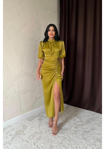 Yağ Yeşili Büzgülü Saten Elbise indirimleri