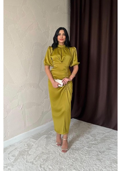 Yağ Yeşili Büzgülü Saten Elbise