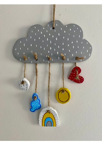 El Yapımı Seramik Bulut Figürlü Duvar Süsü - Renkli Askılı Duvar Süsü