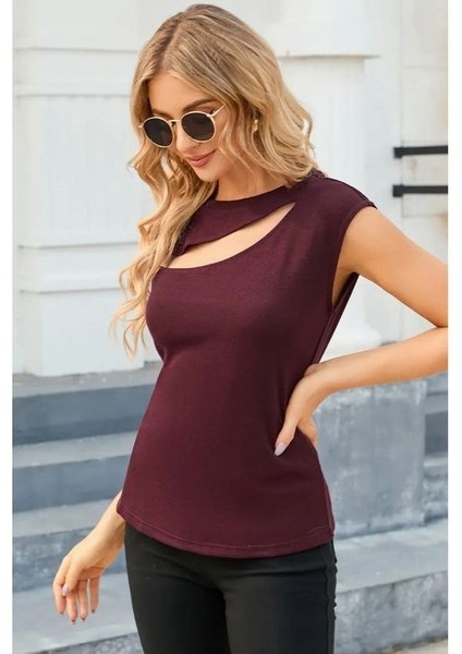 Kadın Sıfır Kol Pencere Detay Viskon T-Shirt