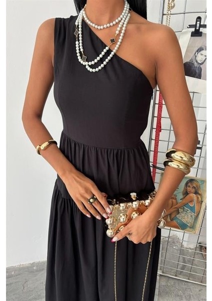 Tek Omuzlu Pile Detay Maxi Elbise 2895