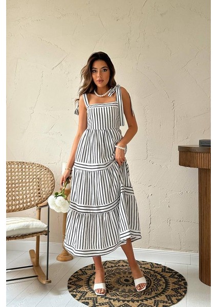 Siyah Omuzdan Bağlamalı Çizgili Elbise fiyatları