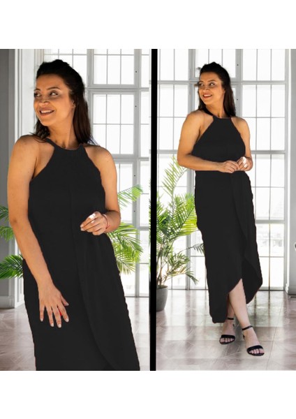 Kadın Omuzlardan Açık Boyundan Geçmeli Asimetrik Kesim Detaylı Viskon Elbise fiyatları