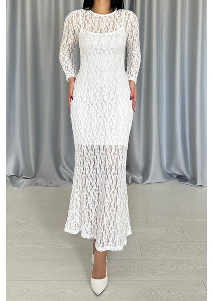 Beyaz Dantelli Uzun Kollu Elbise modelleri