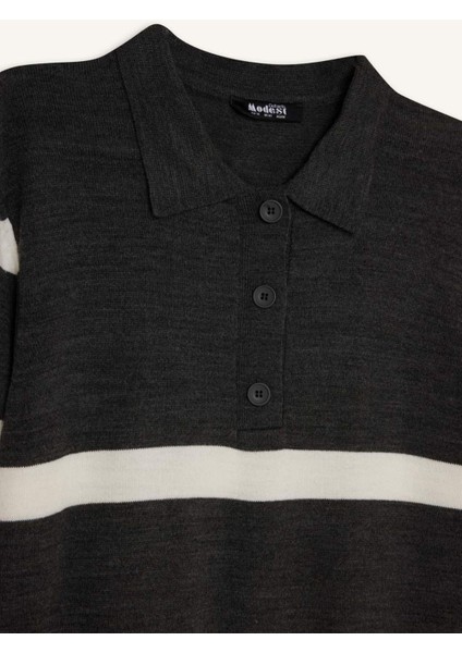 Regular Fit Polo Yaka Düğmeli Çizgili Uzun Kollu Maxi Elbise D6523AXNS