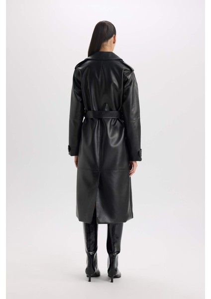 Su Geçirmez Suni Deri Trençkot Kruvaze Yaka Düğmeli Kemerli Cepli A7960AX25SP